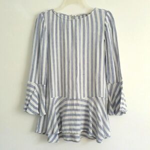 Alice + Olivia Long Sleeve Striped White & Blue Linen Blend Oversized Top XS